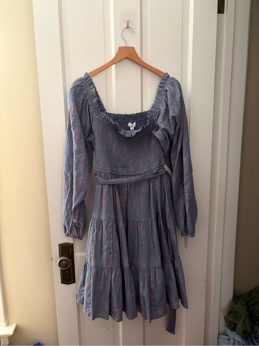NWT A Loves A Slate Blue Smocked Puff-Sleeve Tiered Dress